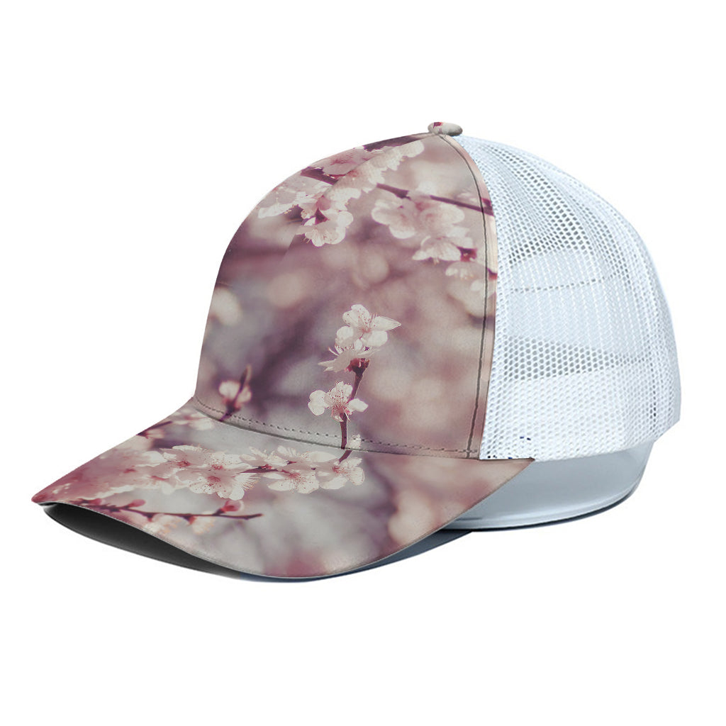 Spring Cherry Blossom Print White Mesh Trucker Cap
