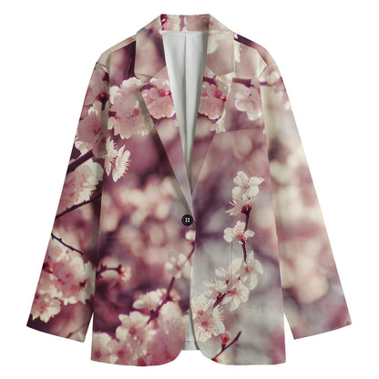 Spring Cherry Blossom Print Women's Cotton Blazer