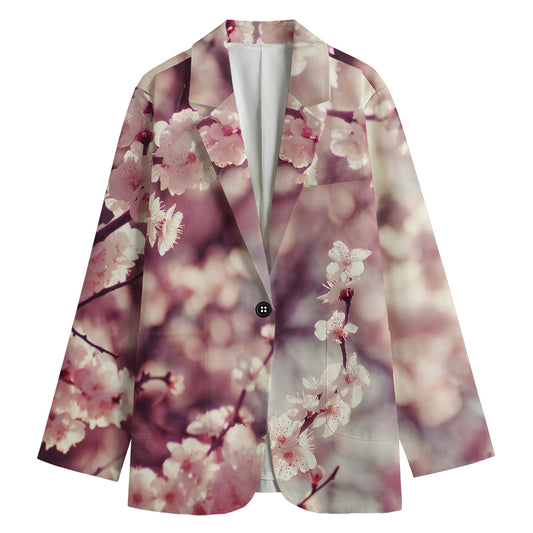 Spring Cherry Blossom Print Women's Cotton Blazer