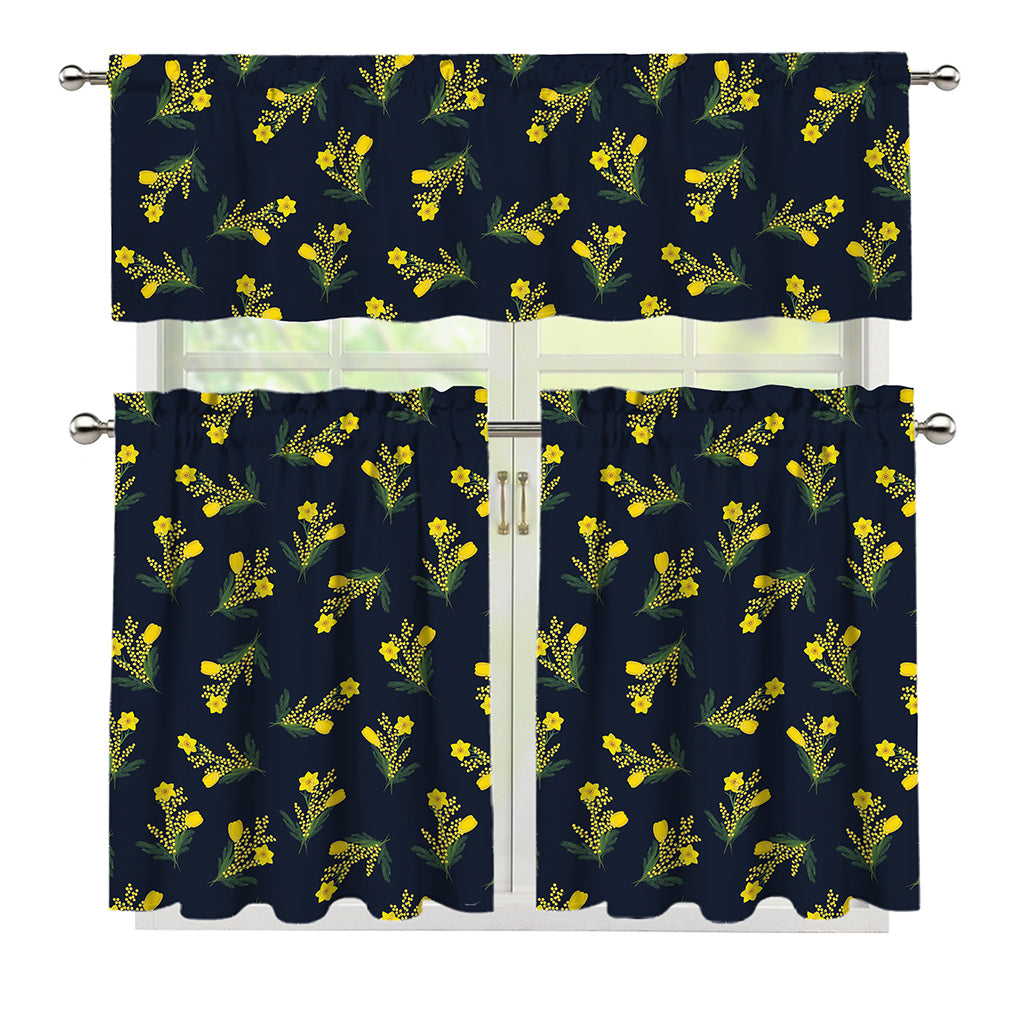 Spring Daffodil Flower Pattern Print 3 Piece Kitchen Curtains