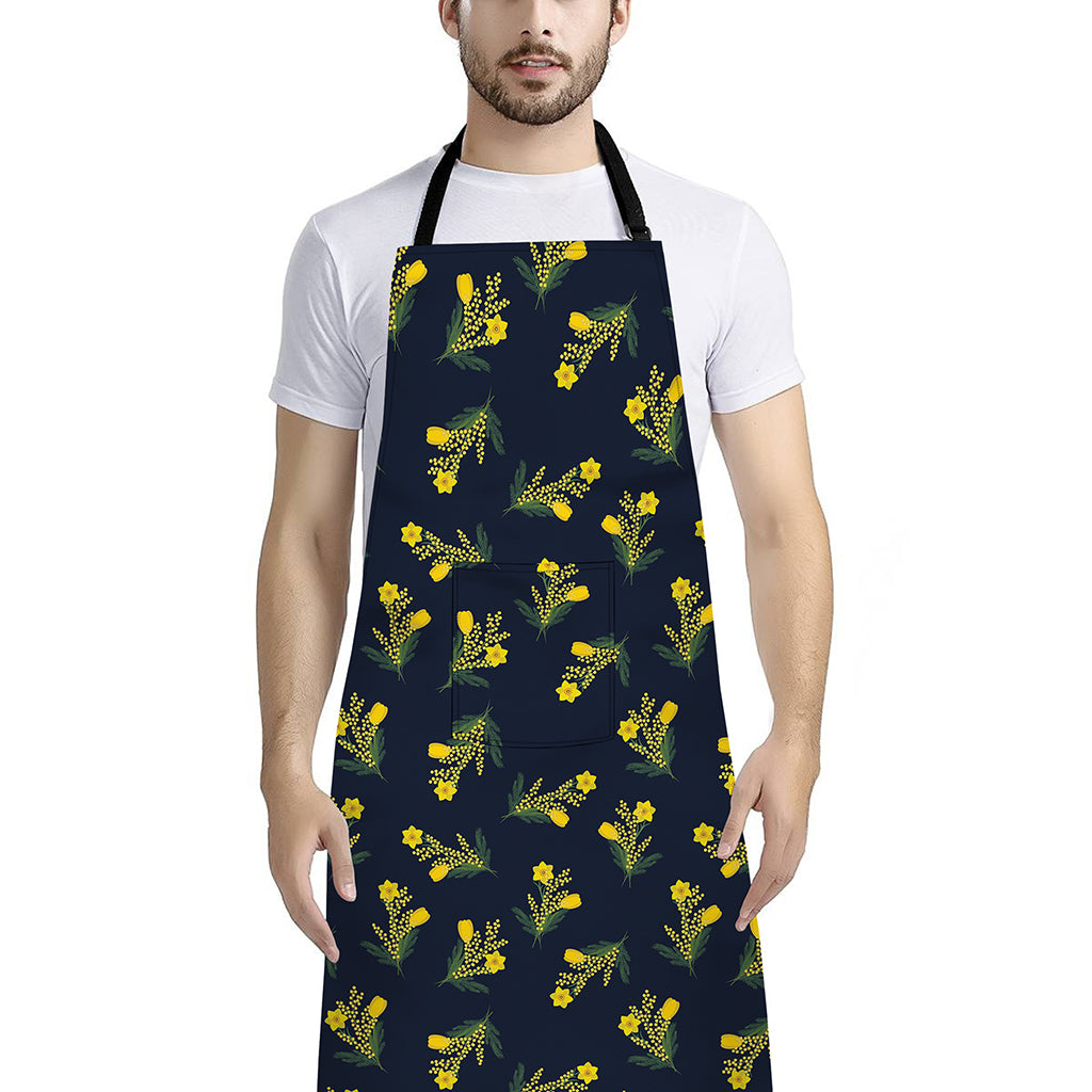 Spring Daffodil Flower Pattern Print Bib Apron With Pocket
