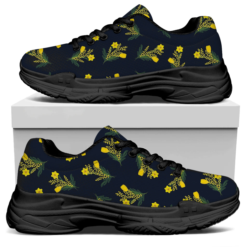 Spring Daffodil Flower Pattern Print Black Chunky Shoes