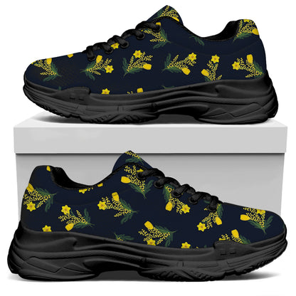Spring Daffodil Flower Pattern Print Black Chunky Shoes