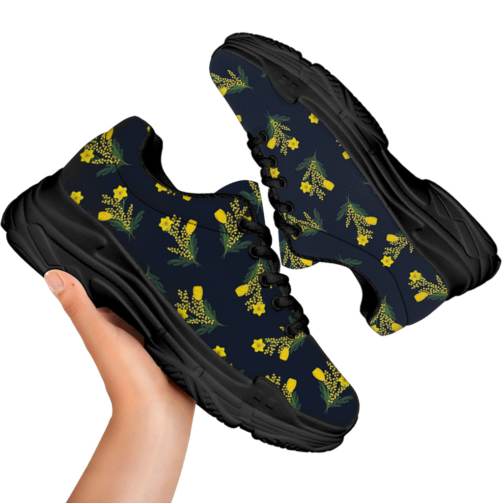 Spring Daffodil Flower Pattern Print Black Chunky Shoes