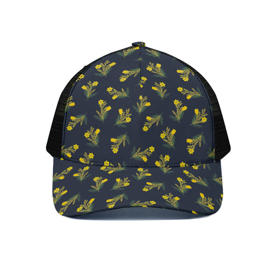 Spring Daffodil Flower Pattern Print Black Mesh Trucker Cap