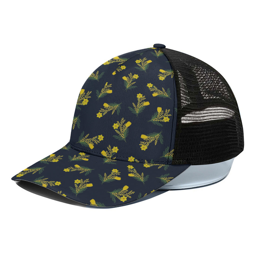 Spring Daffodil Flower Pattern Print Black Mesh Trucker Cap