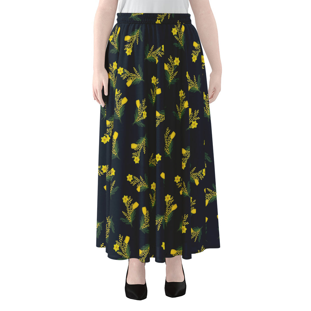 Spring Daffodil Flower Pattern Print Chiffon Maxi Skirt