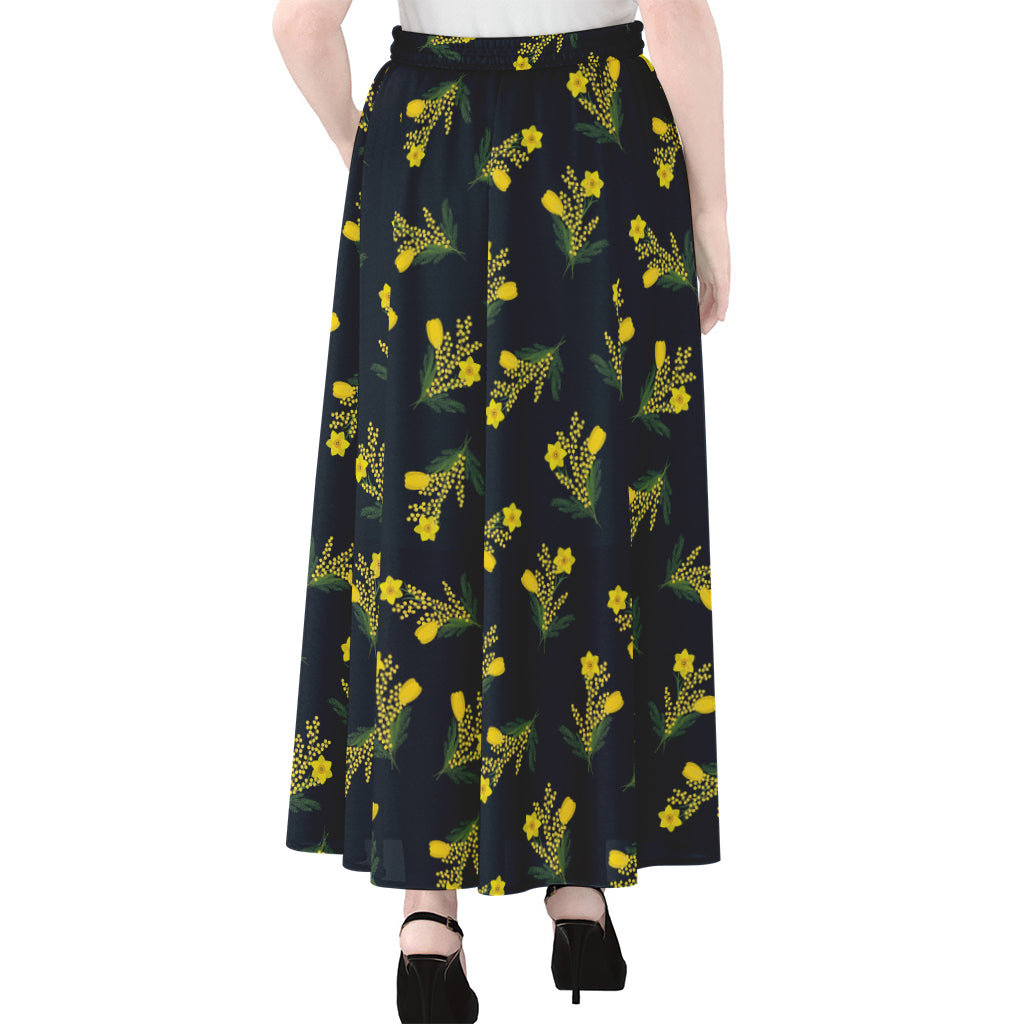 Spring Daffodil Flower Pattern Print Chiffon Maxi Skirt