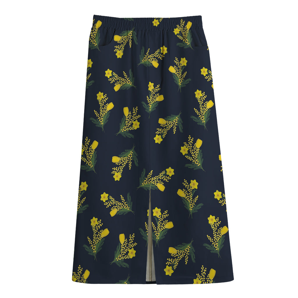 Spring Daffodil Flower Pattern Print Cotton Front Slit Maxi Skirt