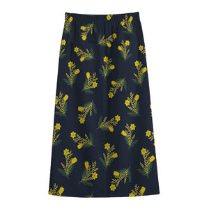 Spring Daffodil Flower Pattern Print Cotton Front Slit Maxi Skirt