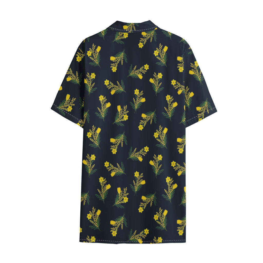 Spring Daffodil Flower Pattern Print Cotton Hawaiian Shirt