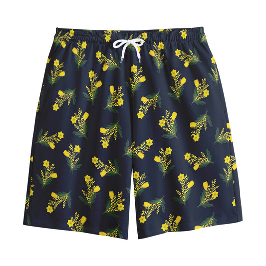 Spring Daffodil Flower Pattern Print Cotton Shorts