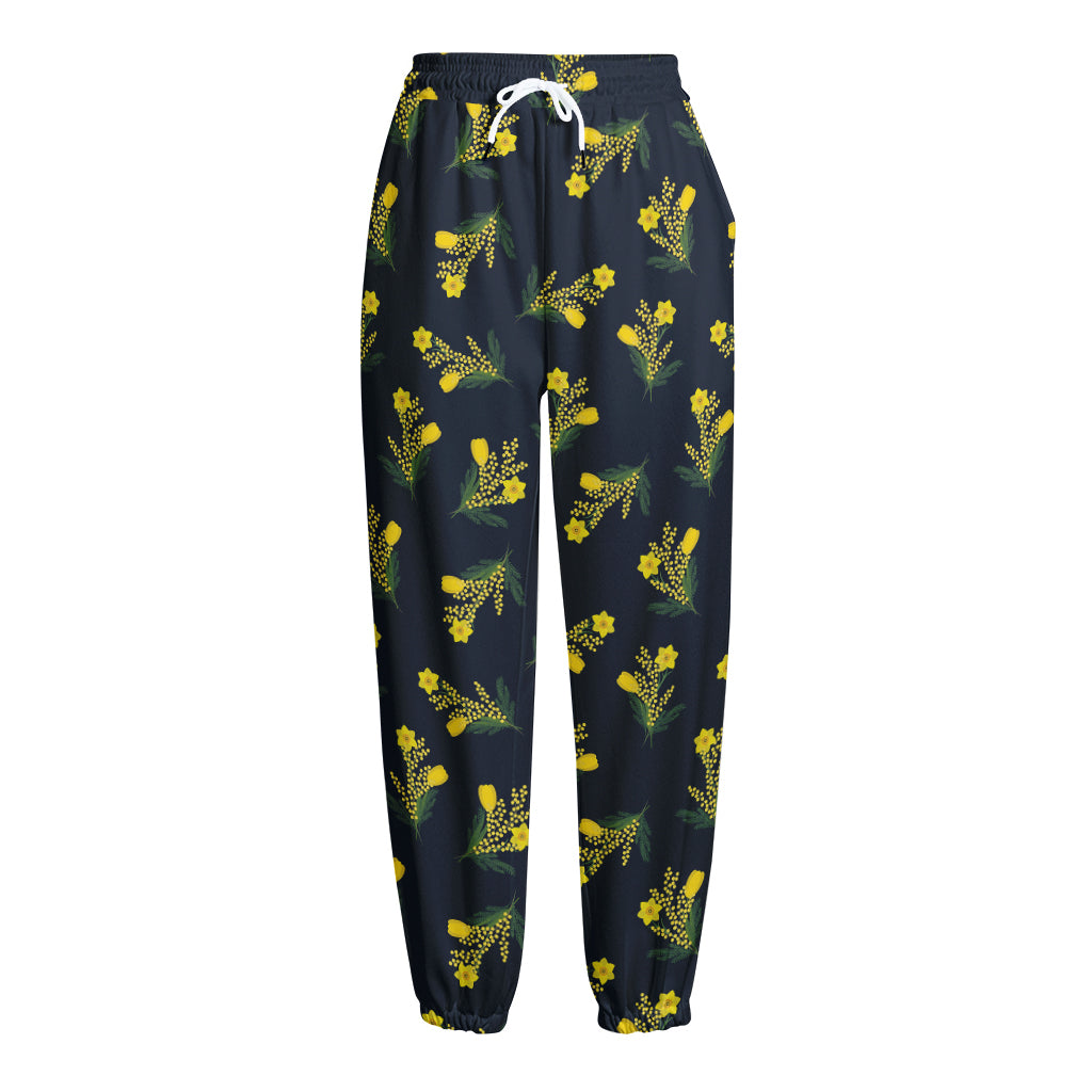 Spring Daffodil Flower Pattern Print Fleece Lined Knit Pants