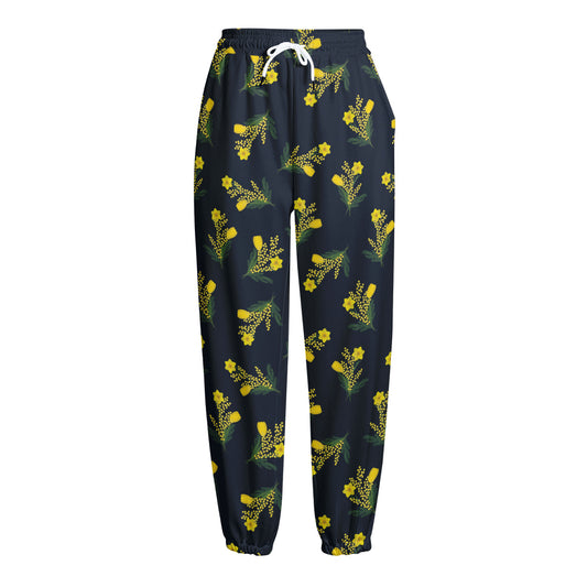 Spring Daffodil Flower Pattern Print Fleece Lined Knit Pants