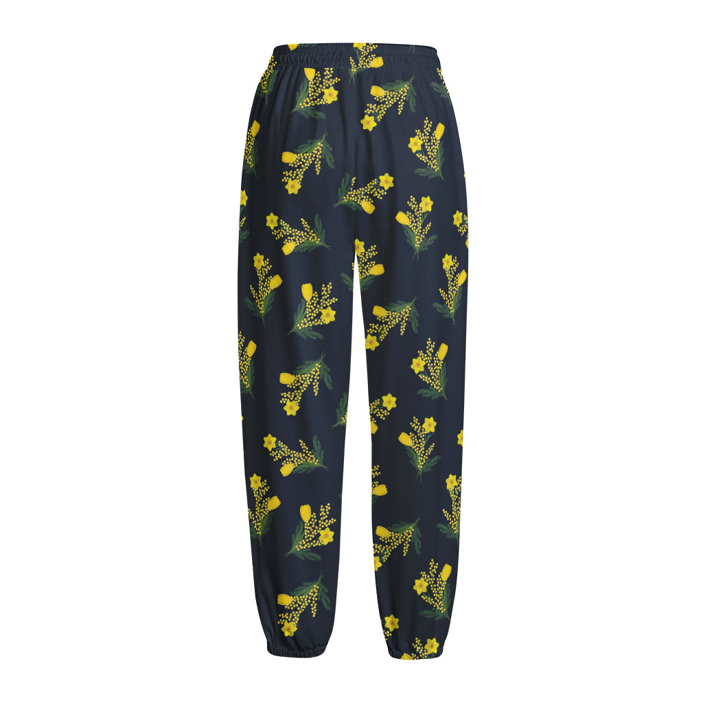 Spring Daffodil Flower Pattern Print Fleece Lined Knit Pants