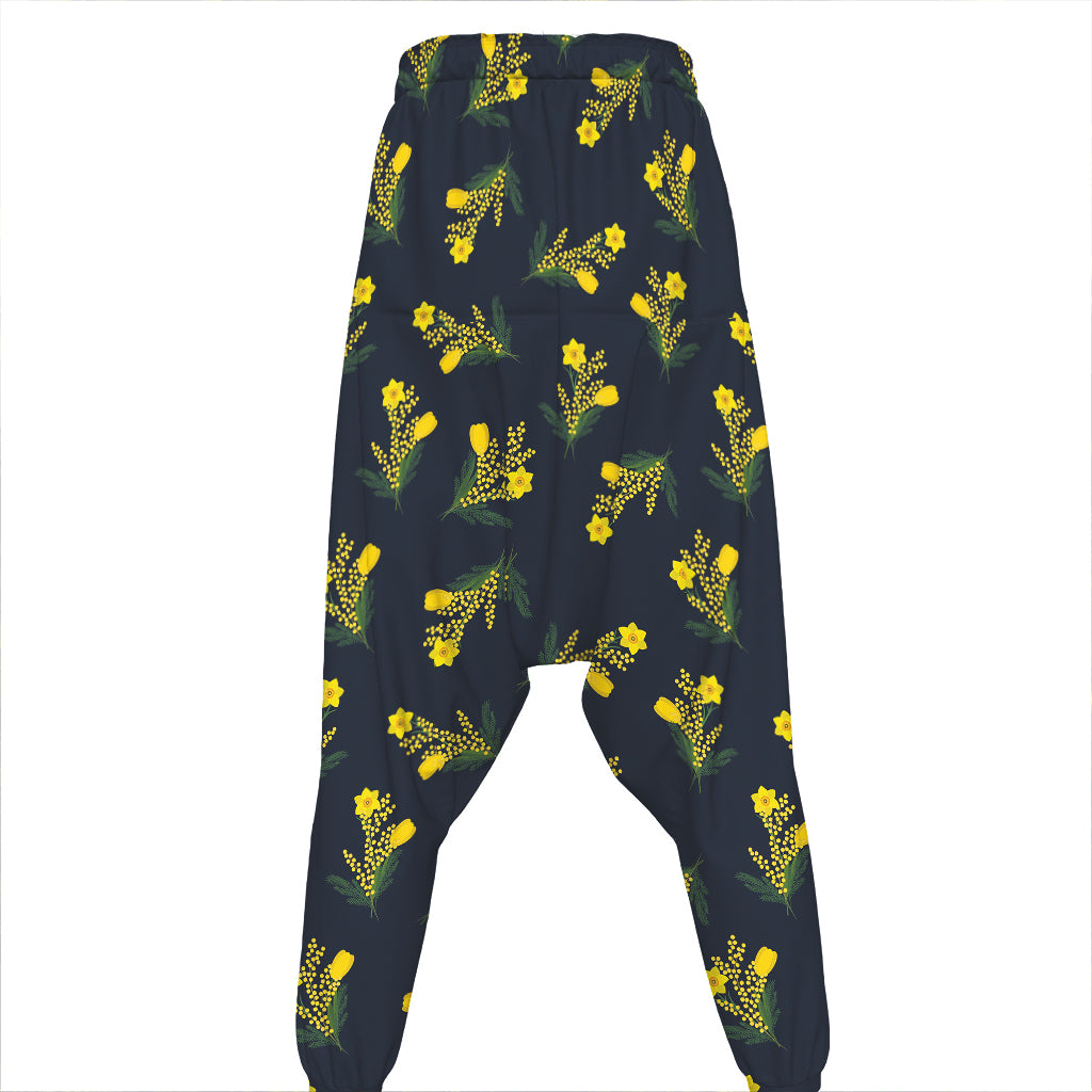 Spring Daffodil Flower Pattern Print Hammer Pants