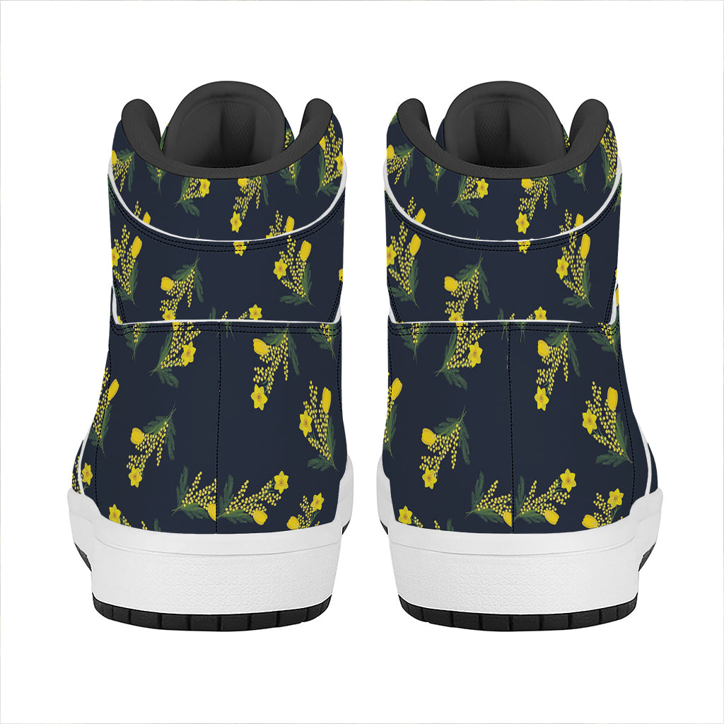 Spring Daffodil Flower Pattern Print High Top Leather Sneakers