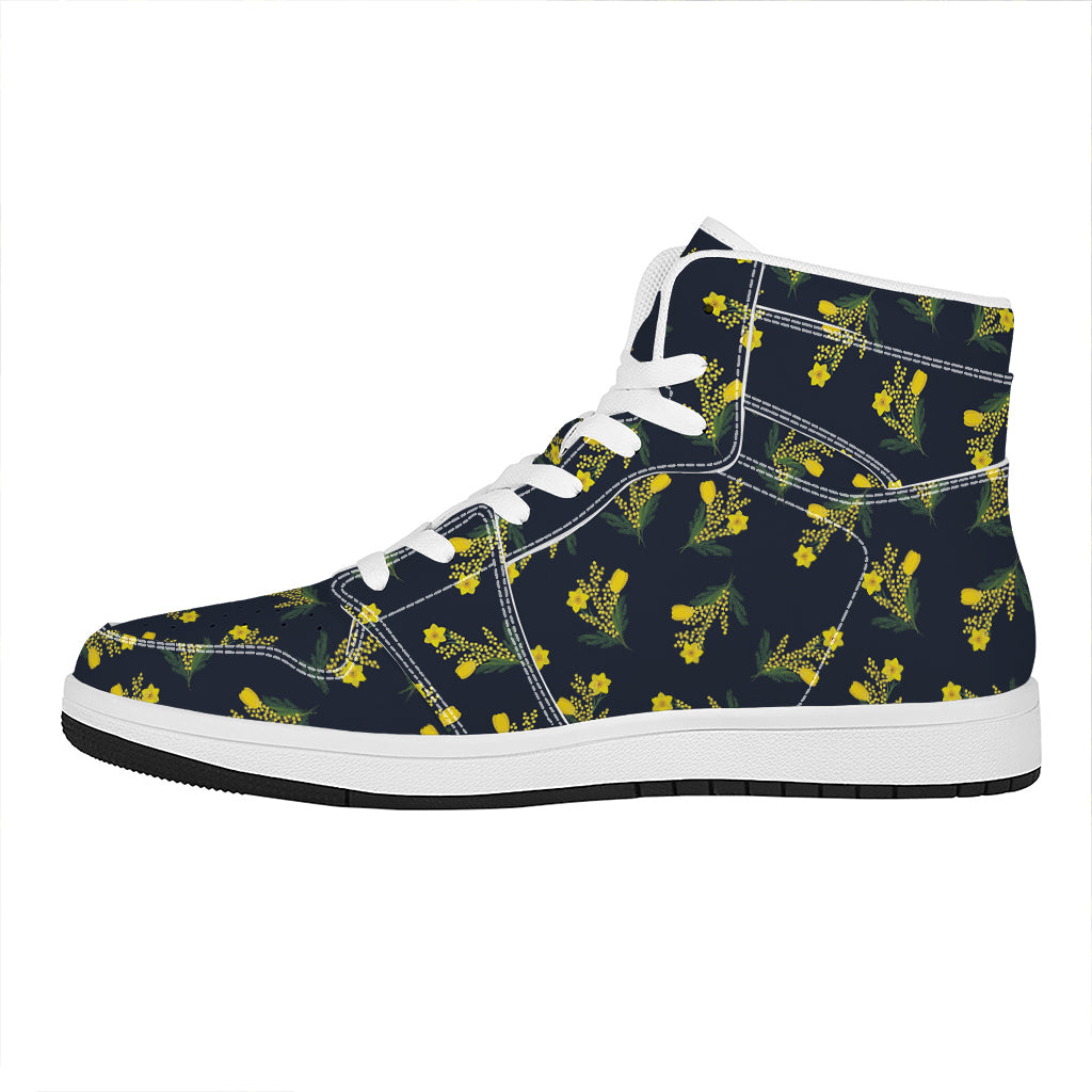 Spring Daffodil Flower Pattern Print High Top Leather Sneakers