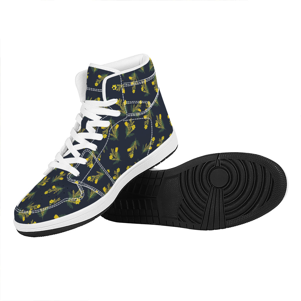 Spring Daffodil Flower Pattern Print High Top Leather Sneakers