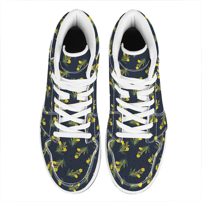 Spring Daffodil Flower Pattern Print High Top Leather Sneakers