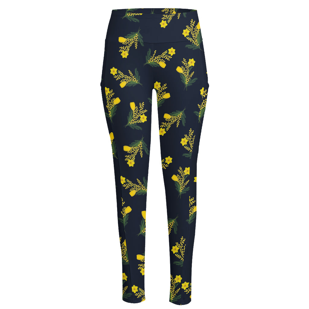 Spring Daffodil Flower Pattern Print High-Waisted Pocket Leggings