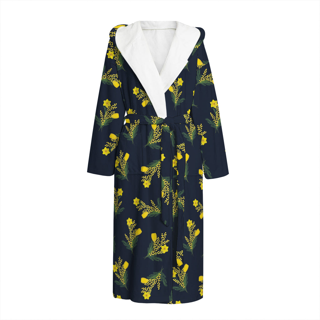 Spring Daffodil Flower Pattern Print Hooded Bathrobe