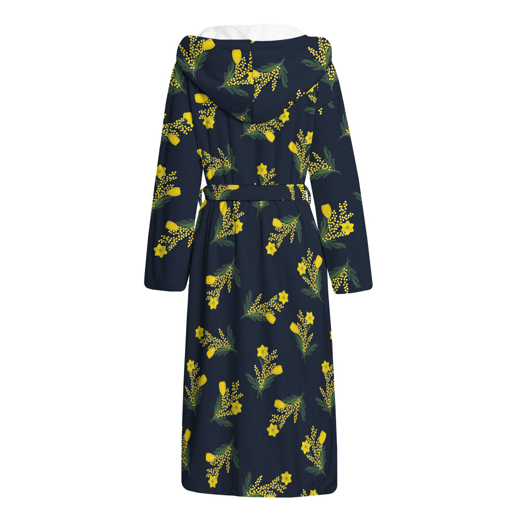 Spring Daffodil Flower Pattern Print Hooded Bathrobe