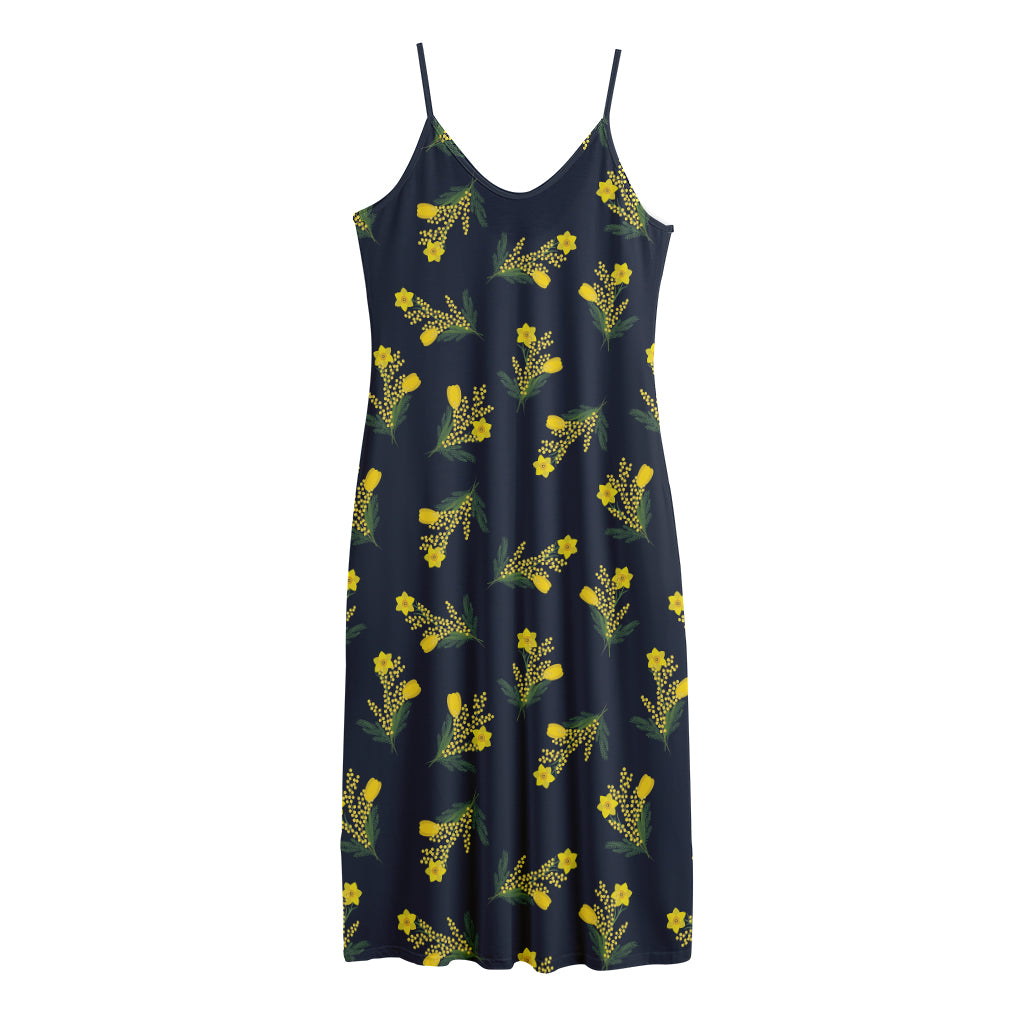 Spring Daffodil Flower Pattern Print Jersey Midi Cami Dress