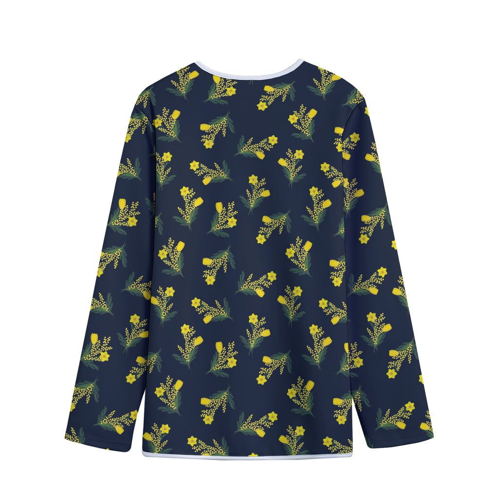 Spring Daffodil Flower Pattern Print Long Sleeve Short Coat