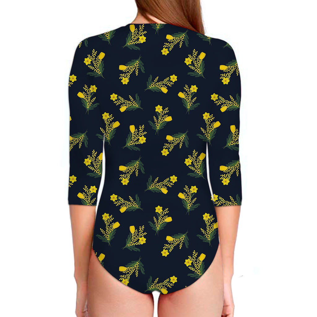 Spring Daffodil Flower Pattern Print Long Sleeve Swimsuit