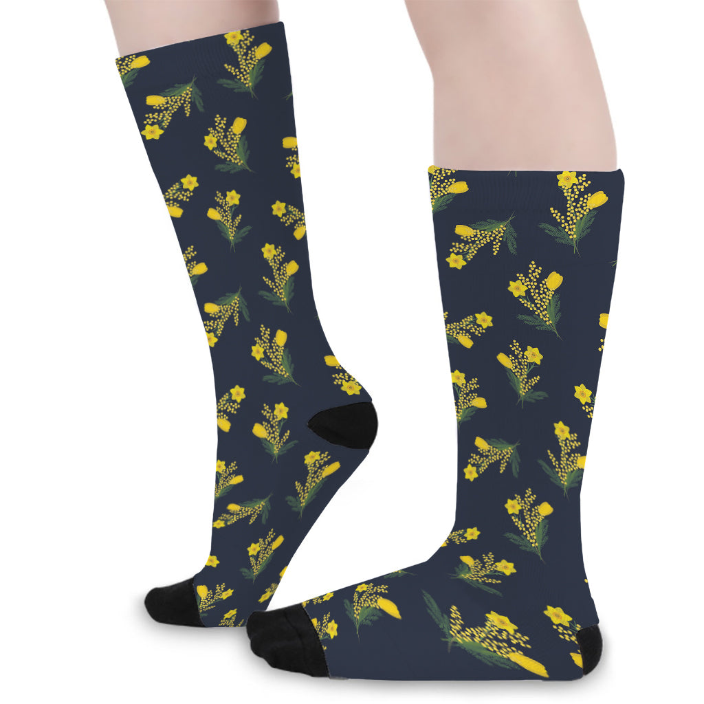 Spring Daffodil Flower Pattern Print Long Socks
