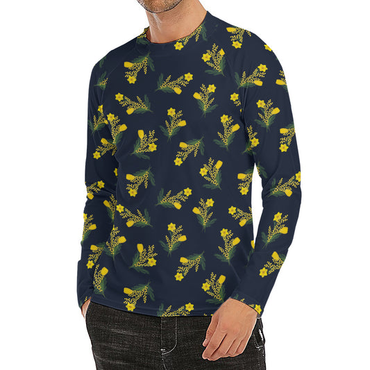 Spring Daffodil Flower Pattern Print Men's Long Sleeve Rash Guard