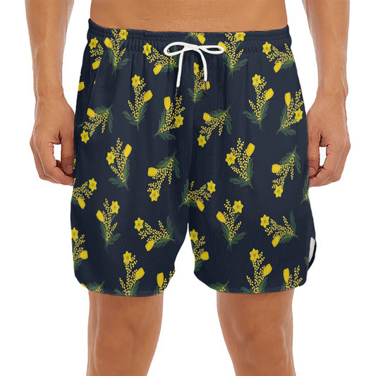 Spring Daffodil Flower Pattern Print Men's Split Running Shorts