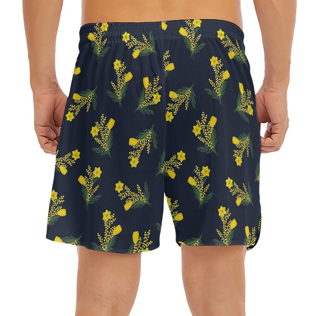Spring Daffodil Flower Pattern Print Men's Split Running Shorts