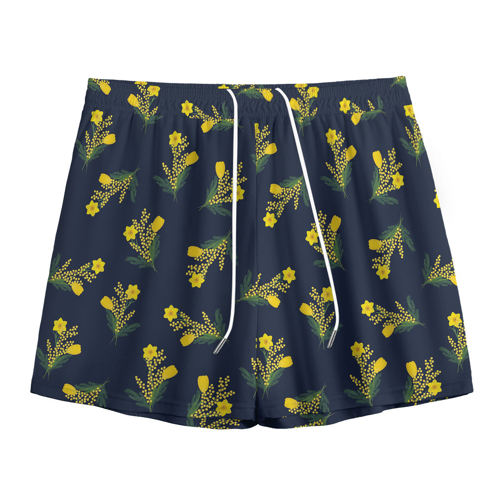 Spring Daffodil Flower Pattern Print Mesh Shorts
