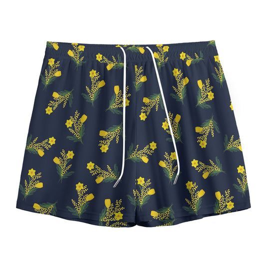 Spring Daffodil Flower Pattern Print Mesh Shorts