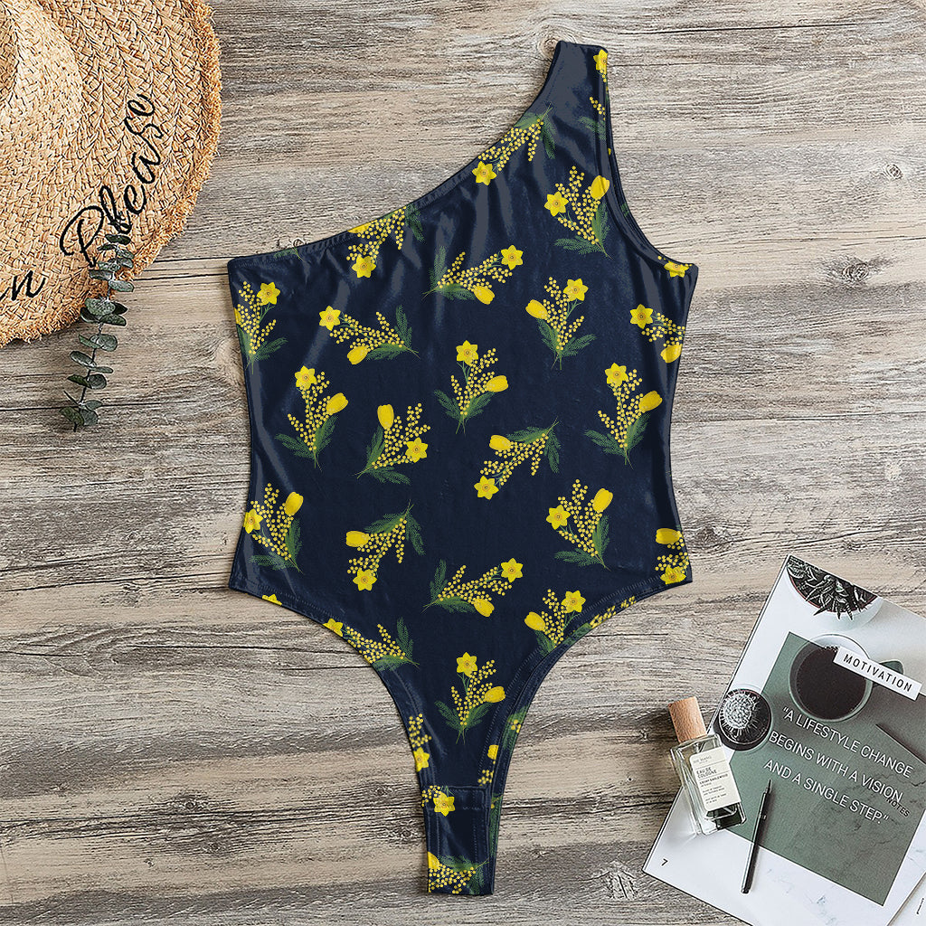 Spring Daffodil Flower Pattern Print One Shoulder Bodysuit