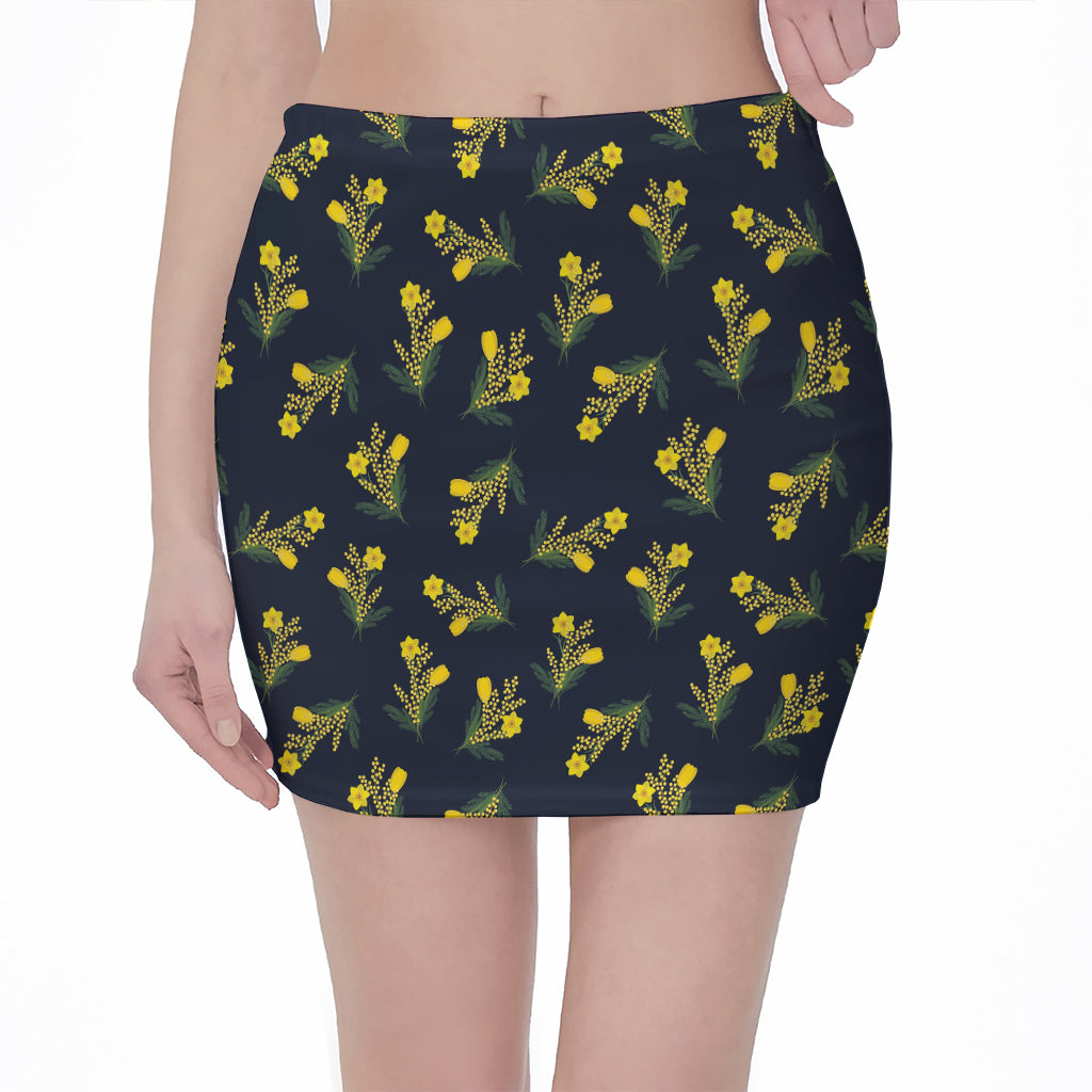 Spring Daffodil Flower Pattern Print Pencil Mini Skirt