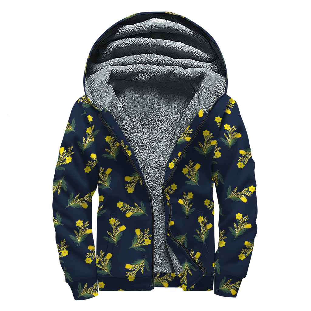 Spring Daffodil Flower Pattern Print Sherpa Lined Zip Up Hoodie