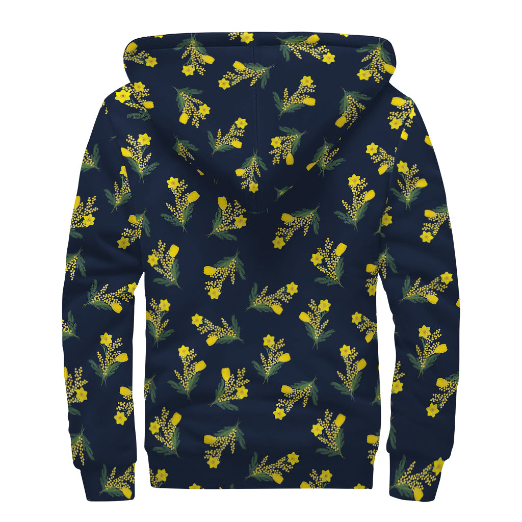 Spring Daffodil Flower Pattern Print Sherpa Lined Zip Up Hoodie