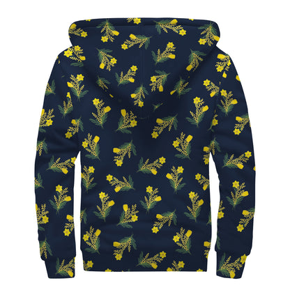 Spring Daffodil Flower Pattern Print Sherpa Lined Zip Up Hoodie