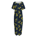 Spring Daffodil Flower Pattern Print Short Sleeve Long Nightdress