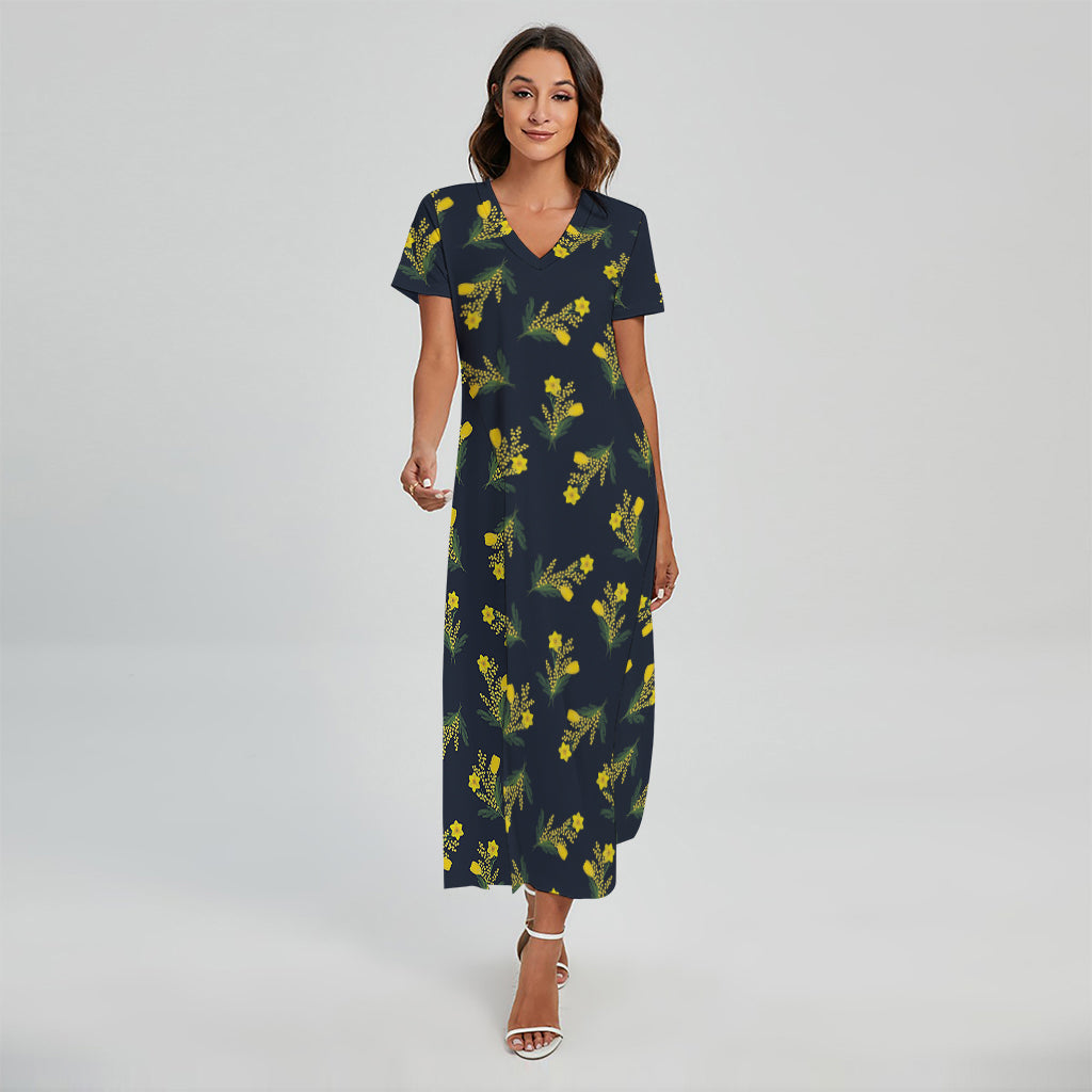 Spring Daffodil Flower Pattern Print Short Sleeve Maxi Dress