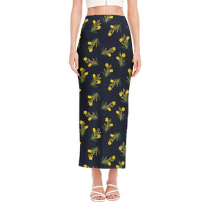 Spring Daffodil Flower Pattern Print Side Slit Maxi Skirt