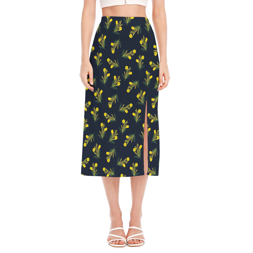 Spring Daffodil Flower Pattern Print Side Slit Midi Skirt