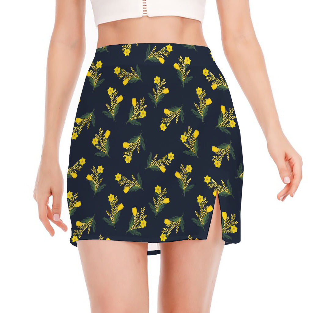 Spring Daffodil Flower Pattern Print Side Slit Mini Skirt