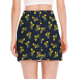 Spring Daffodil Flower Pattern Print Side Slit Mini Skirt