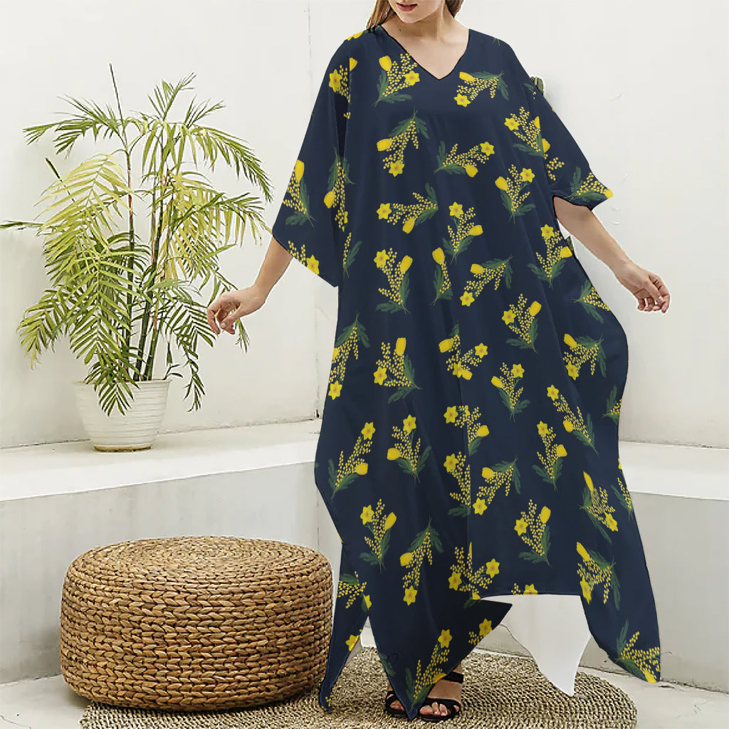 Spring Daffodil Flower Pattern Print Silk V-Neck Kaftan Dress