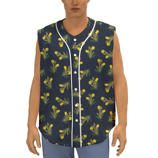Spring Daffodil Flower Pattern Print Sleeveless Baseball Jersey