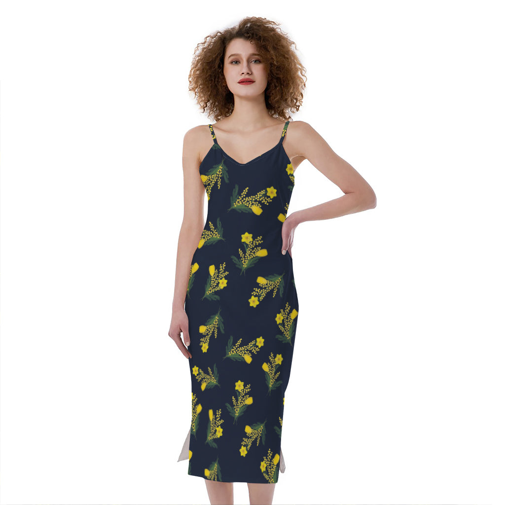 Spring Daffodil Flower Pattern Print Slim Fit Midi Cami Dress